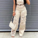Fashion Multi-Pocket Buttoned Washed Distressed Loose Straight-Leg Jeans RS-2571