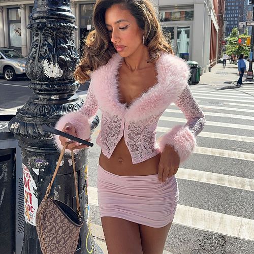 Sexy Solid Color Fuzzy V-neck Top With Lace Trim and Bodycon Mini Skirt Set XS-1944