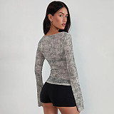 Sexy Color-block Striped Sheer Fitted Top With Flared Sleeves XS-25TP252