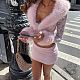 Sexy Solid Color Fuzzy V-neck Top With Lace Trim and Bodycon Mini Skirt Set XS-1944