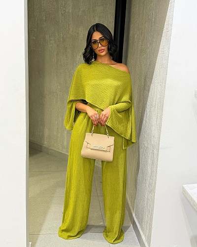 Stylish and Elegant Off-the-shoulder Irregular Top and Trousers Set QZ-6585
