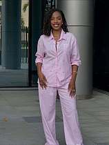 Casual Studded Solid Color Lapel Long-sleeved Shirt and Trousers Two-piece Set QZ-7778