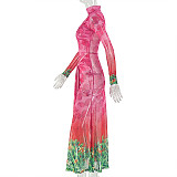 Stylish Printed Color-block High-neck Long-sleeved Bodycon Dress With Tie Detail JY-303753