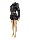Fashionable Stretch Fabric Lapel Button-Down Top and Pleated Pocket Skirt Two-Piece Set CH-25105