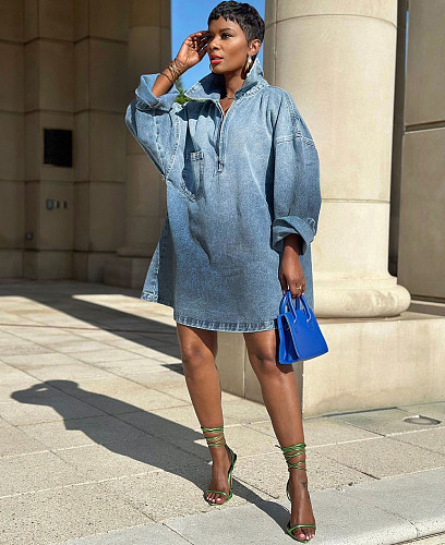 Fashion Lapel Gradient Color Long-Sleeved Loose Denim Dress RS-51203