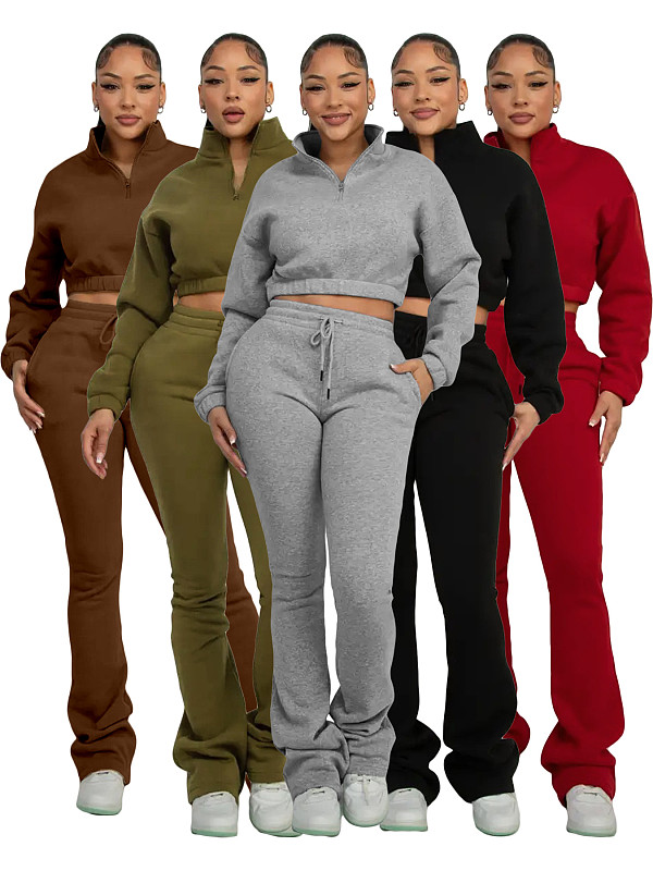 2025 Fashion Half-Zip Cropped Fleece Sweatshirt and Flared Pants Two-Piece Set CH-25069