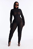 Sexy Solid Color Slim-fit Patchwork Stretchy Long-sleeved Turtleneck Jumpsuit XS-1952