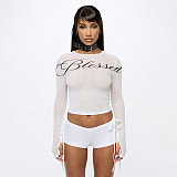 2026 Spring/Summer Round Neck Pullover Letter Print Crop Top and High-Waisted Shorts Set with Bowknot Tie Detail XYWL-25ST455