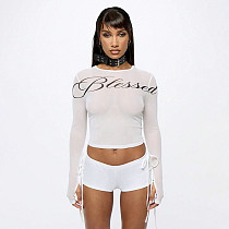 2026 Spring/Summer Round Neck Pullover Letter Print Crop Top and High-Waisted Shorts Set with Bowknot Tie Detail XYWL-25ST455