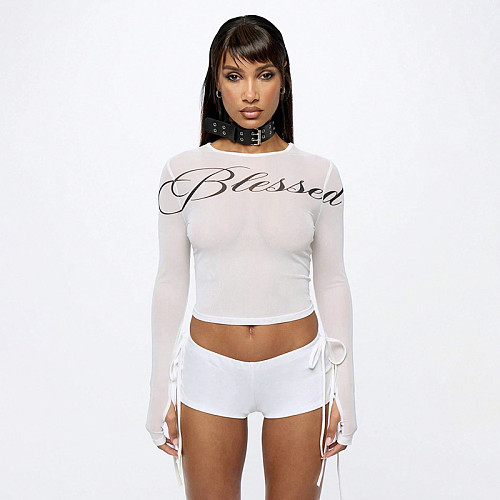 2026 Spring/Summer Round Neck Pullover Letter Print Crop Top and High-Waisted Shorts Set with Bowknot Tie Detail XYWL-25ST455