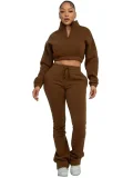 2025 Fashion Half-Zip Cropped Fleece Sweatshirt and Flared Pants Two-Piece Set CH-25069