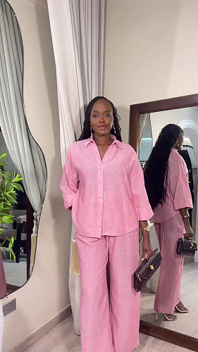 Stylish Solid-color Lapel Cardigan Shirt and Casual Wide-leg Trousers Two-piece Set QZ-6967