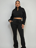 2025 Fashion Half-Zip Cropped Fleece Sweatshirt and Flared Pants Two-Piece Set CH-25069