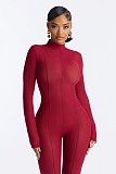 Sexy Solid Color Slim-fit Patchwork Stretchy Long-sleeved Turtleneck Jumpsuit XS-1952