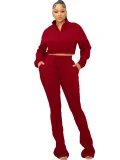 2025 Fashion Half-Zip Cropped Fleece Sweatshirt and Flared Pants Two-Piece Set CH-25069