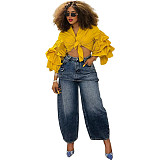 Stylish Patchwork High-waisted Short Skirt and Straight-leg Jeans RS-51209