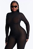 Sexy Solid Color Slim-fit Patchwork Stretchy Long-sleeved Turtleneck Jumpsuit XS-1952