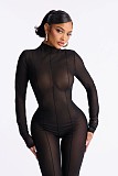 Sexy Solid Color Slim-fit Patchwork Stretchy Long-sleeved Turtleneck Jumpsuit XS-1952