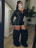Fashionable Slim-Fit Zippered Long-Sleeved Top and Shorts Two-Piece Set with Thumb Holes CH-25013