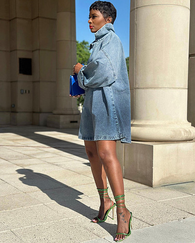 Fashion Lapel Gradient Color Long-Sleeved Loose Denim Dress RS-51203