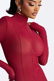 Sexy Solid Color Slim-fit Patchwork Stretchy Long-sleeved Turtleneck Jumpsuit XS-1952