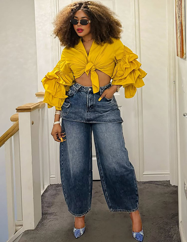 Stylish Patchwork High-waisted Short Skirt and Straight-leg Jeans RS-51209