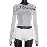 2026 Spring/Summer Round Neck Pullover Letter Print Crop Top and High-Waisted Shorts Set with Bowknot Tie Detail XYWL-25ST455