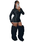 Fashionable Slim-Fit Zippered Long-Sleeved Top and Shorts Two-Piece Set with Thumb Holes CH-25013