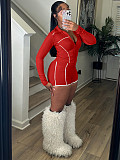 Fashionable Slim-Fit Zippered Long-Sleeved Top and Shorts Two-Piece Set with Thumb Holes CH-25013