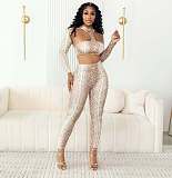 Sexy Leopard Print Cutout Patchwork Slim-fit Short Top and Long Pants Set XS-1924