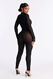 Sexy Solid Color Slim-fit Patchwork Stretchy Long-sleeved Turtleneck Jumpsuit XS-1952