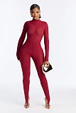 Sexy Solid Color Slim-fit Patchwork Stretchy Long-sleeved Turtleneck Jumpsuit XS-1952