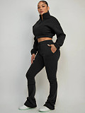 2025 Fashion Half-Zip Cropped Fleece Sweatshirt and Flared Pants Two-Piece Set CH-25069