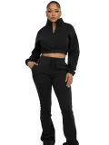 2025 Fashion Half-Zip Cropped Fleece Sweatshirt and Flared Pants Two-Piece Set CH-25069