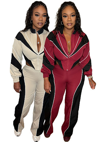 Fashion Color-Blocked Patchwork Ruched Waist Zipper Top and Straight-Leg Pants Two-Piece Set CH-25062
