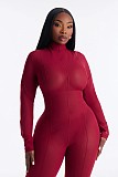 Sexy Solid Color Slim-fit Patchwork Stretchy Long-sleeved Turtleneck Jumpsuit XS-1952