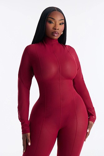 Sexy Solid Color Slim-fit Patchwork Stretchy Long-sleeved Turtleneck Jumpsuit XS-1952