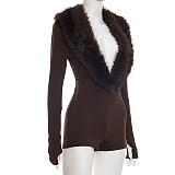 Solid Sexy Long Sleeve Tight Shorts Deep V Jumpsuit RS-D25RP503