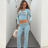 New Slim Fit Cardigan Top and High Waisted Skinny Printed Pants Set SXE-86708