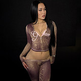 New Slim Fit Cardigan Top and High Waisted Skinny Printed Pants Set SXE-86708