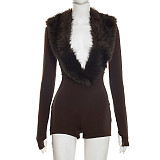 Solid Sexy Long Sleeve Tight Shorts Deep V Jumpsuit RS-D25RP503