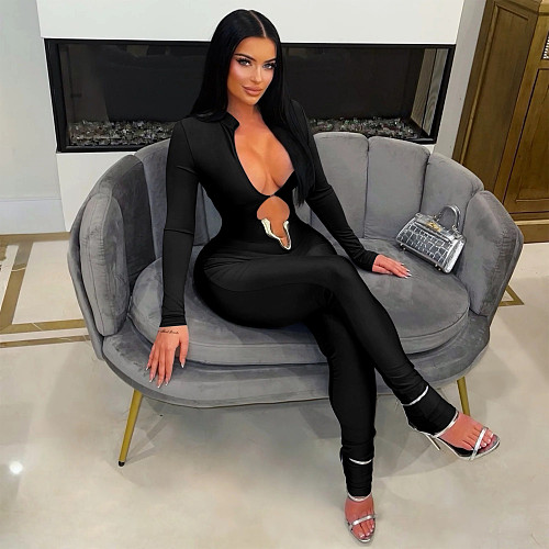 2025 New Arrival Sexy Deep V-Neck Long-Sleeve Solid Color Bodycon Jumpsuit YF-10978
