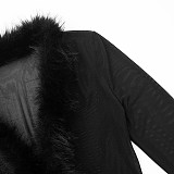 Sexy Mesh See-Through Long-Sleeved Crop Top Cardigan with Fur Collar RS-25TP297