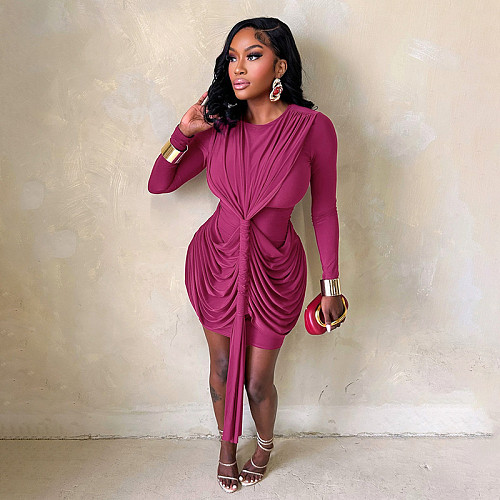 Fashionable Slim-Fit Pleated Dress with Ribbon Tie Waist and Hip-Hugging Silhouette RS-25DS297