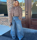 Fashionable Retro Distressed Washed Reversible Straight-Leg Wide-Leg Jeans RS-60102