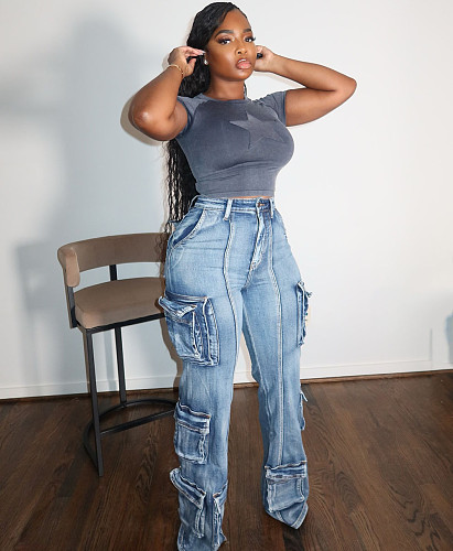 Stylish Washed Denim High-waisted Straight-leg Jeans With Multiple Pockets RS-51014