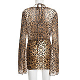 Sexy Leopard Print Triangle Cup Halter Neck Long-Sleeved Bodycon Mini Dress Three-Piece Set RS-25ST459