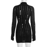 Solid Color Slim-Fit Mock Neck Cutout Long-Sleeve Fingerless Knitted Dress RS-25DS494