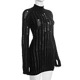 Solid Color Slim-Fit Mock Neck Cutout Long-Sleeve Fingerless Knitted Dress RS-25DS494
