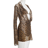 Sexy Leopard Print Triangle Cup Halter Neck Long-Sleeved Bodycon Mini Dress Three-Piece Set RS-25ST459